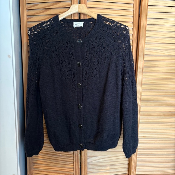Sezane Sweaters - Sezane Black Pointelle Knit Cardigan Sweater Mohair Elegant Luxury Womens Large